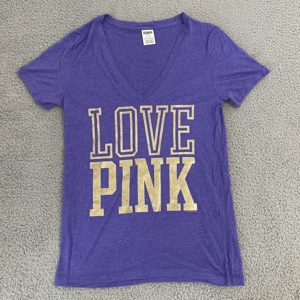 Y2K Pink Victoria's Secret Short Sleeve T Shirt Purple Gold Glitter Women Medium